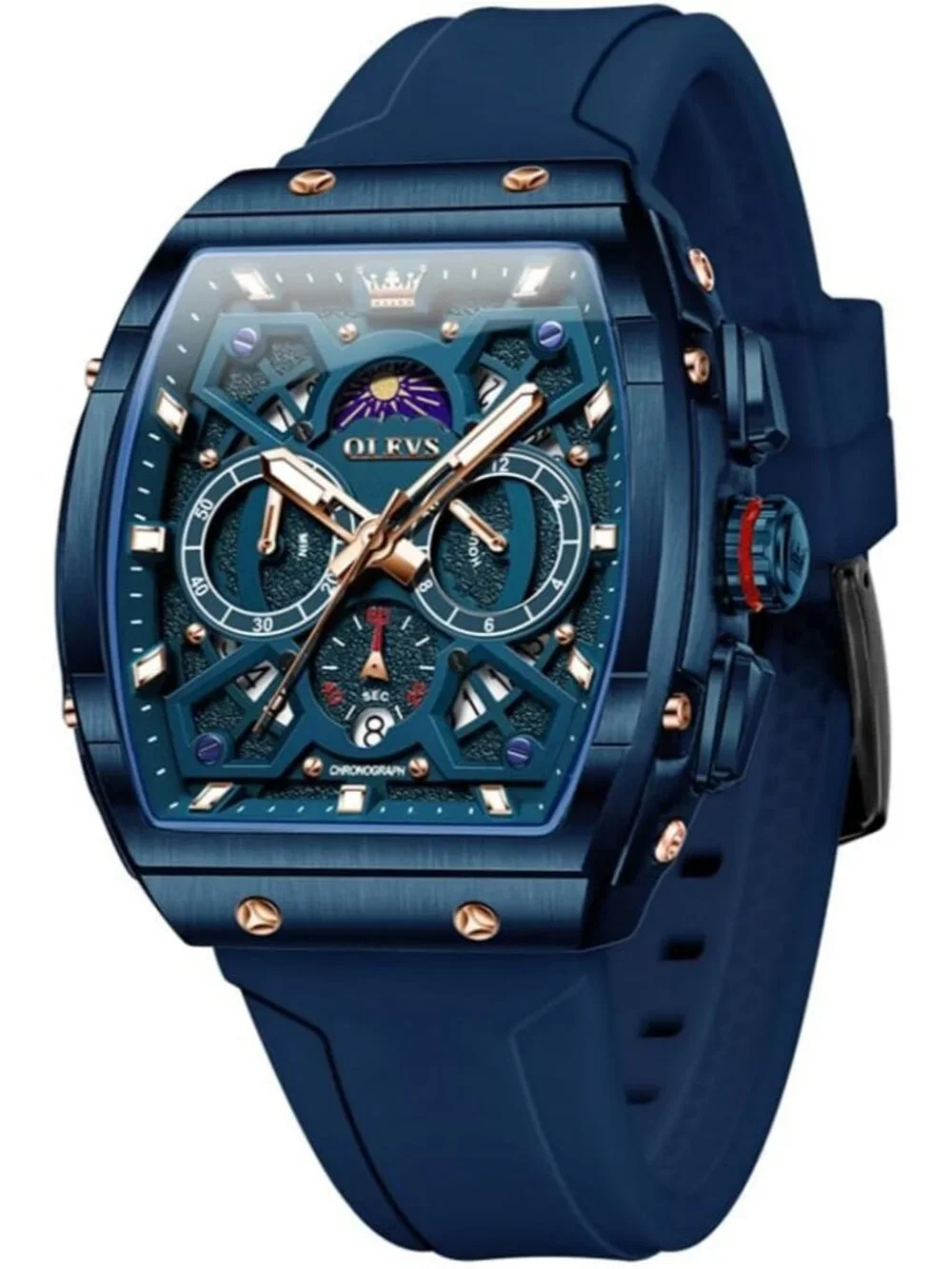 Men's All Blue Chronograph Waterproof Rectangle Moon Phase Luminous Quartz Watch